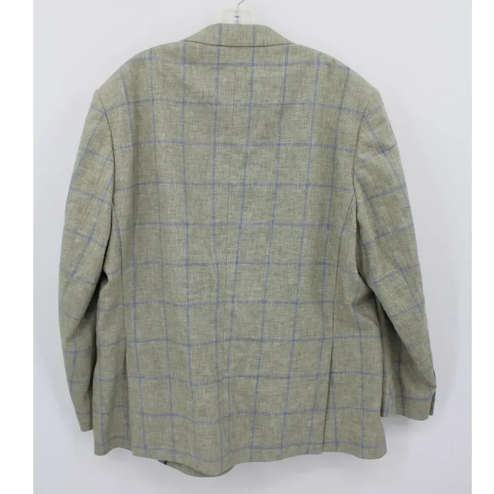 Paul Fredrick Sport Coat Linen Cotton Mens 46R Light Green Plaid Window Pane